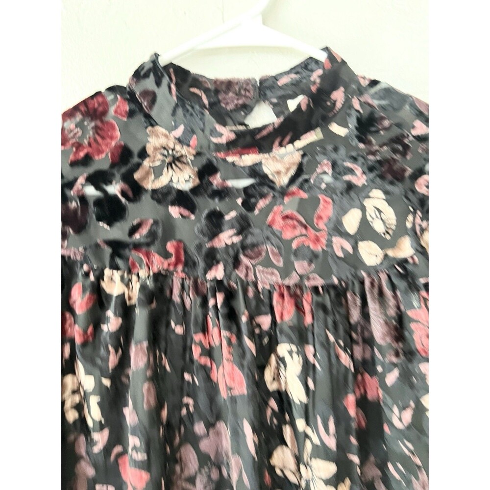 ANTHROPOLOGIE FLORAL BURNOUT CUT VELVET Boxy BISHOP SLEEVE BLOUSE TOP Medium - Picture 4 of 15